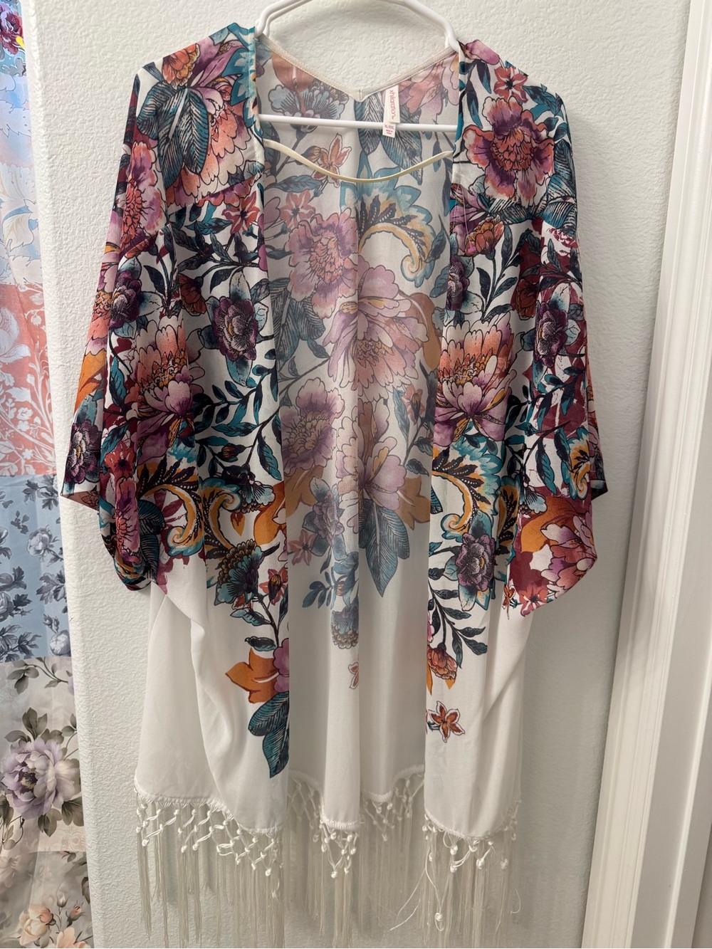 Xhilaration White Floral Fringe Kimono with Teal, Purple & Orange Accents